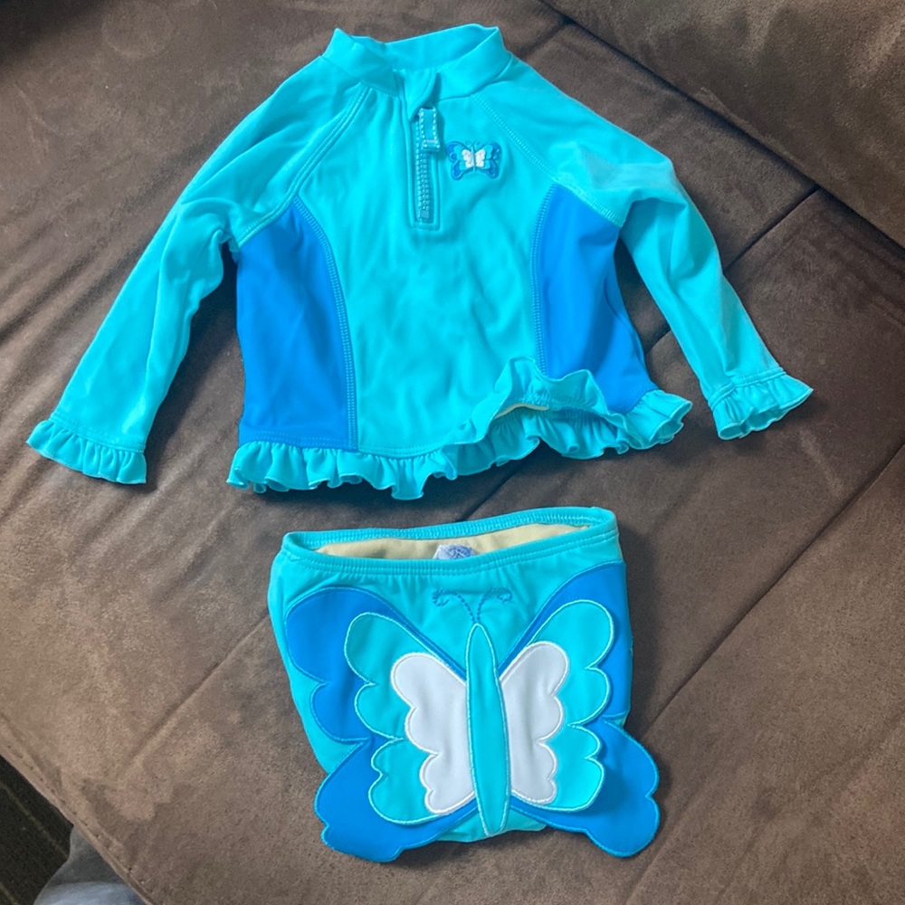 Lands End Long Sleeve Swim Top and Butterfly Bottom 0-3M Ruffle Quarter Zip